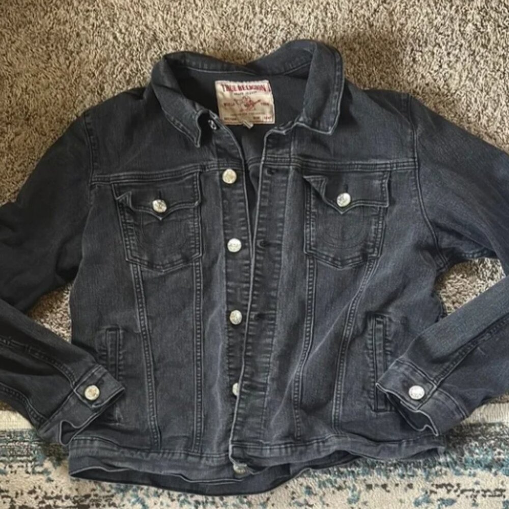 True Religion Womens New World Tour XL Black Button Up Denim Trucker Jacket